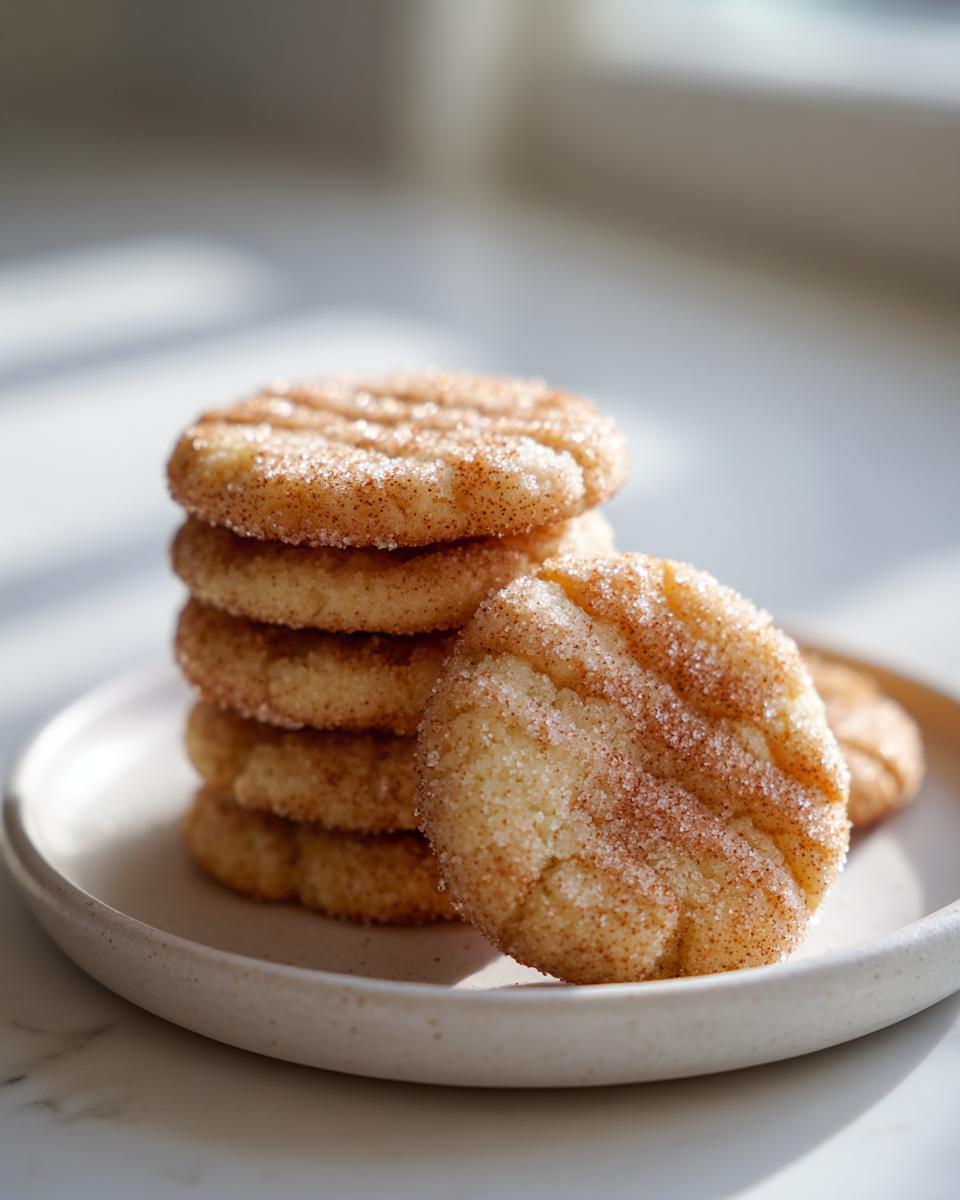 A stack of freshly baked butter cookie treats coated in cinnamon sugar, resting on a light ceramic plate.
