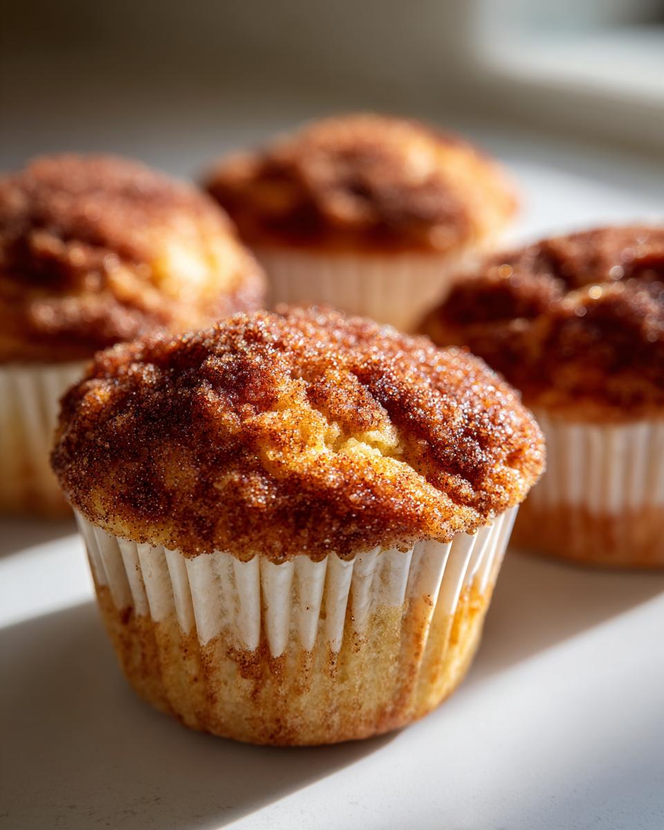 A close-up of a freshly baked french toast muffins topped with a thick cinnamon sugar crust.