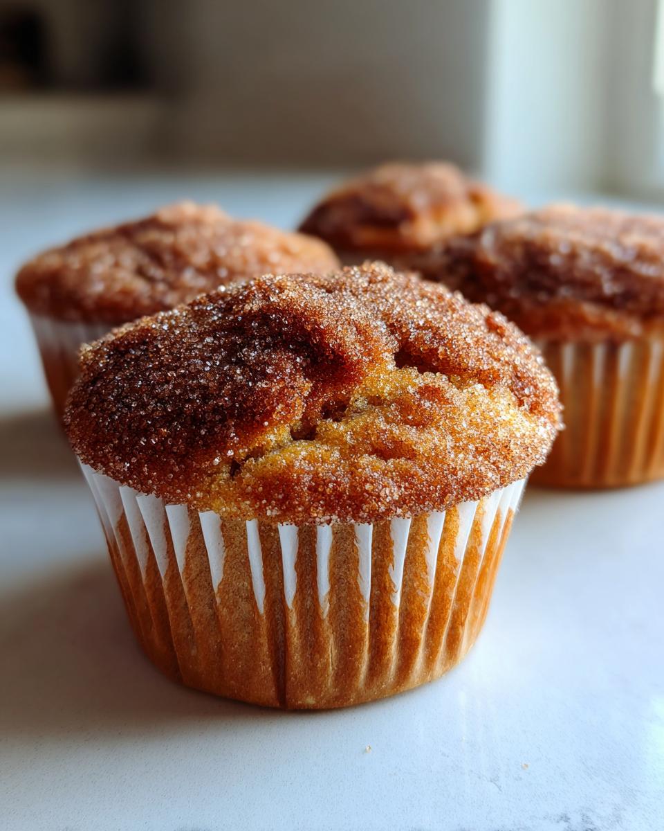 A close-up shot of a freshly baked french toast muffins topped with a thick layer of cinnamon sugar.