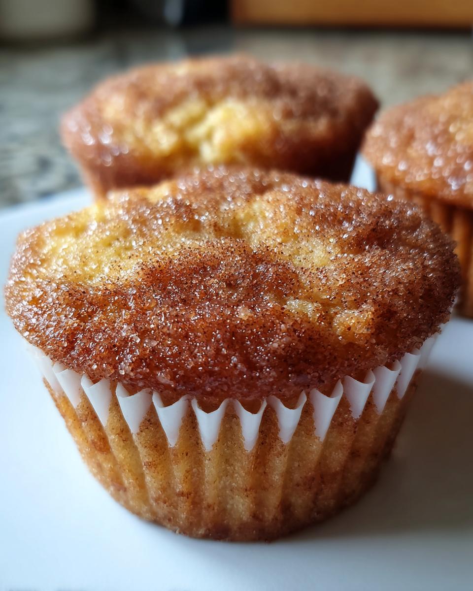 A close-up of a freshly baked french toast muffins topped with sparkling cinnamon sugar.