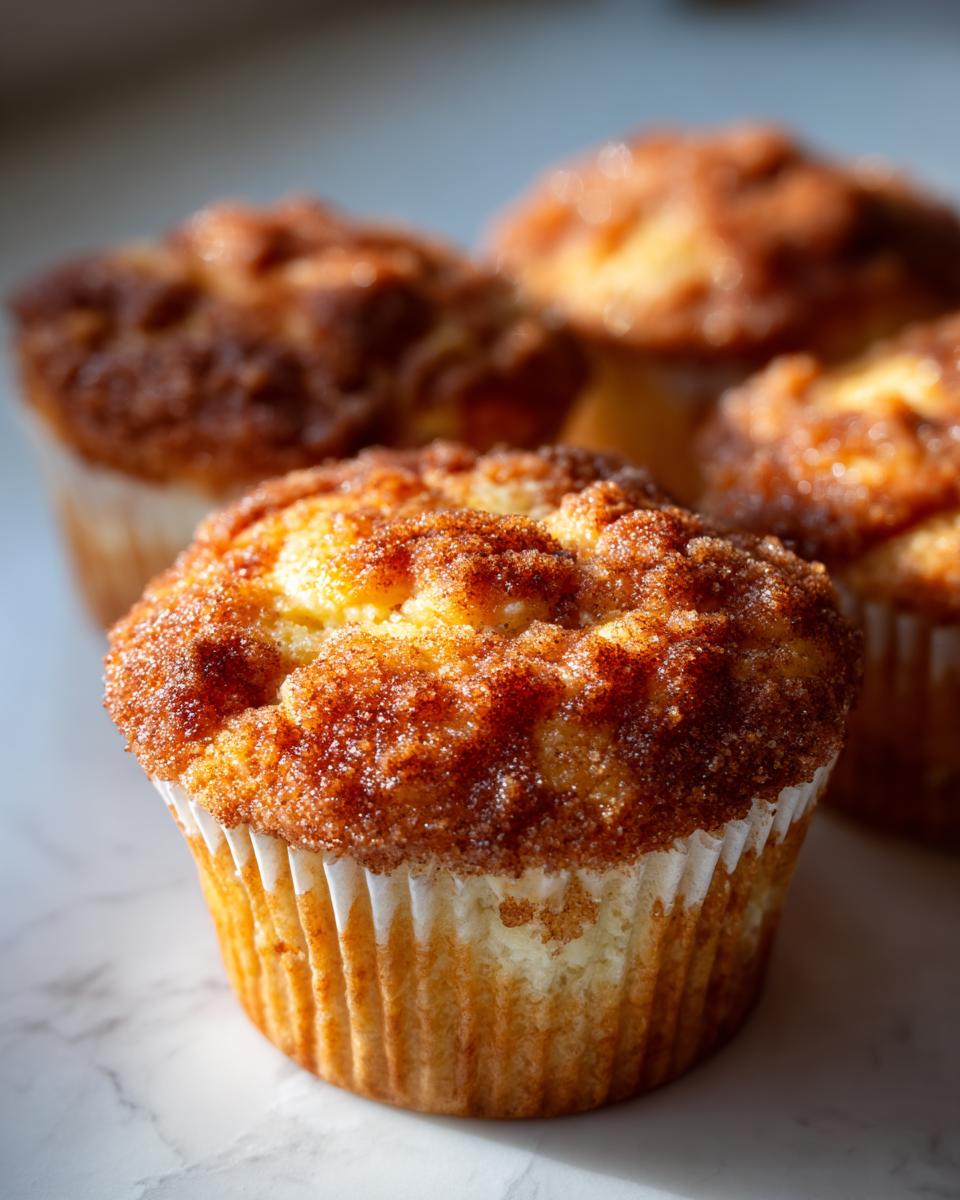 A close-up of a freshly baked french toast muffin with a thick, sugary cinnamon topping, with other muffins blurred in the background.