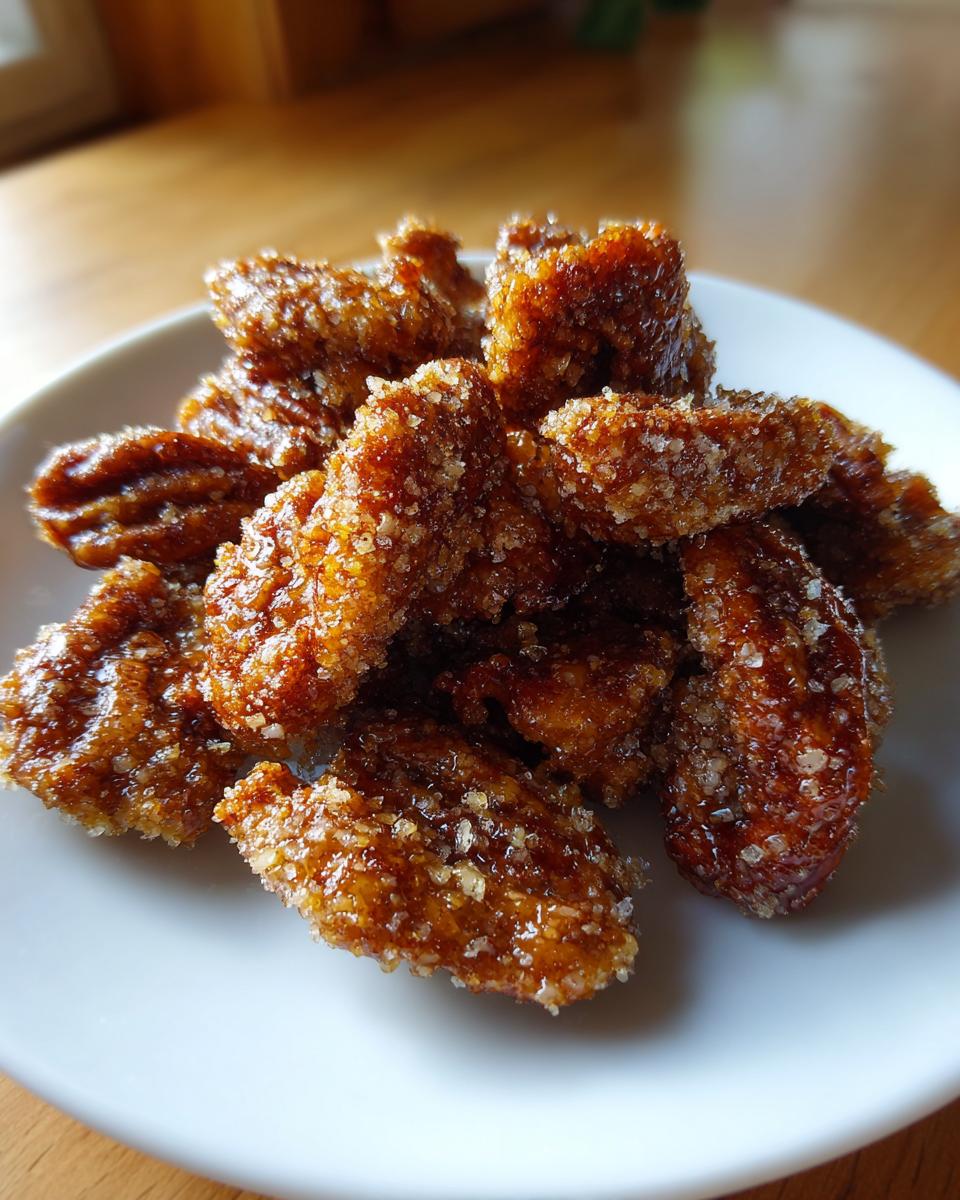 A close-up of freshly made cinnamon sugar pecans piled on a small white plate, coated in glistening sugar crystals.