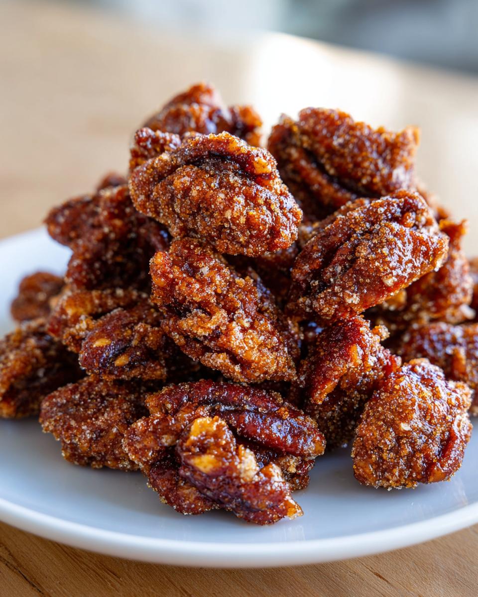A close-up pile of glazed, crunchy cinnamon sugar pecans served on a white plate.