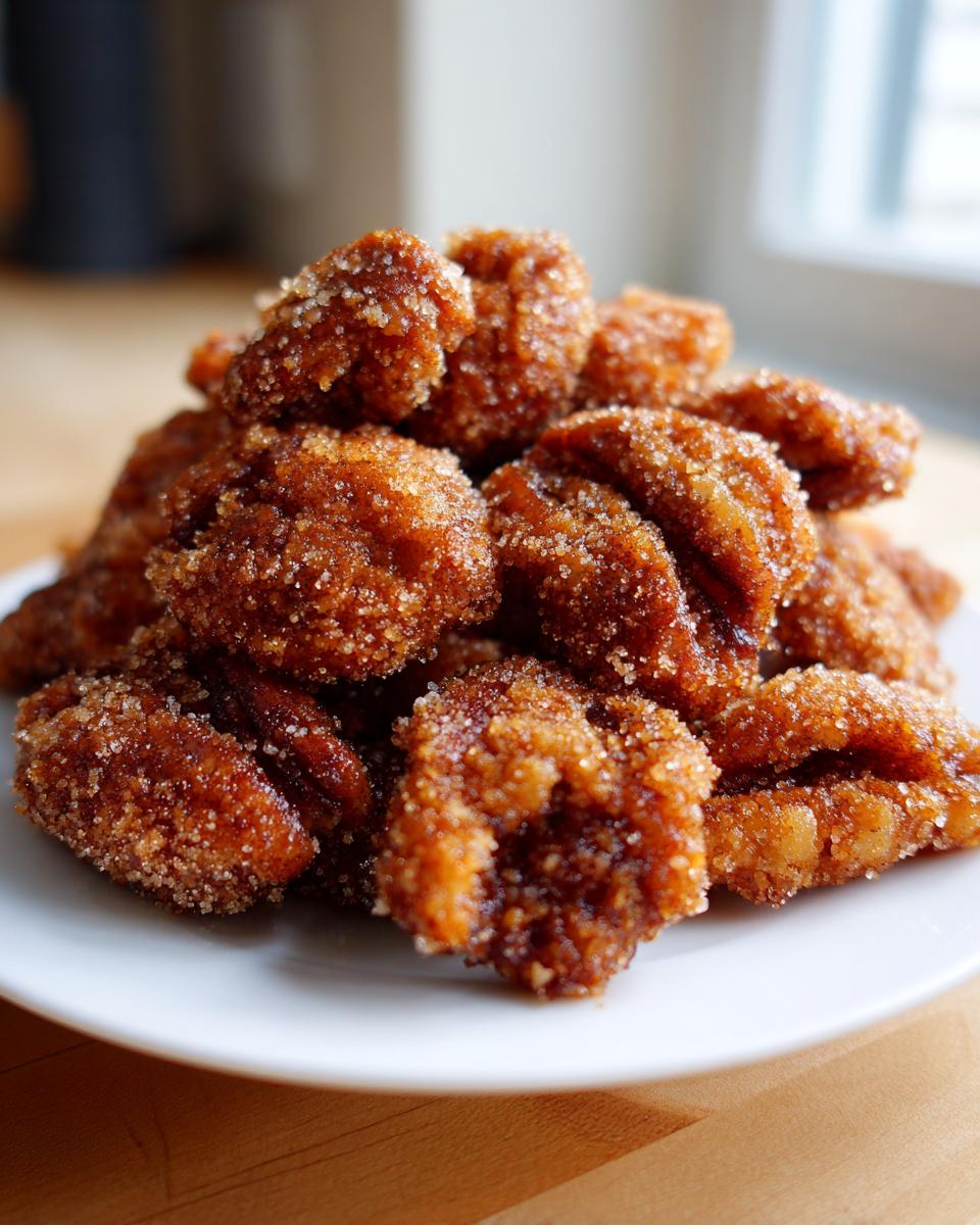 A close-up of a mound of freshly made cinnamon sugar pecans coated in sparkling sugar crystals on a white plate.