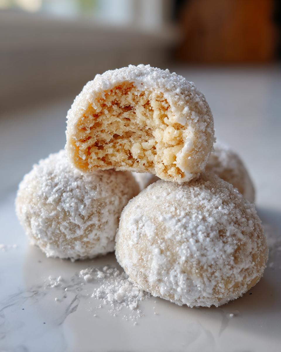 A stack of soft cinnamon sugar snowball cookies heavily dusted with powdered sugar, one cookie is broken open showing the crumb.