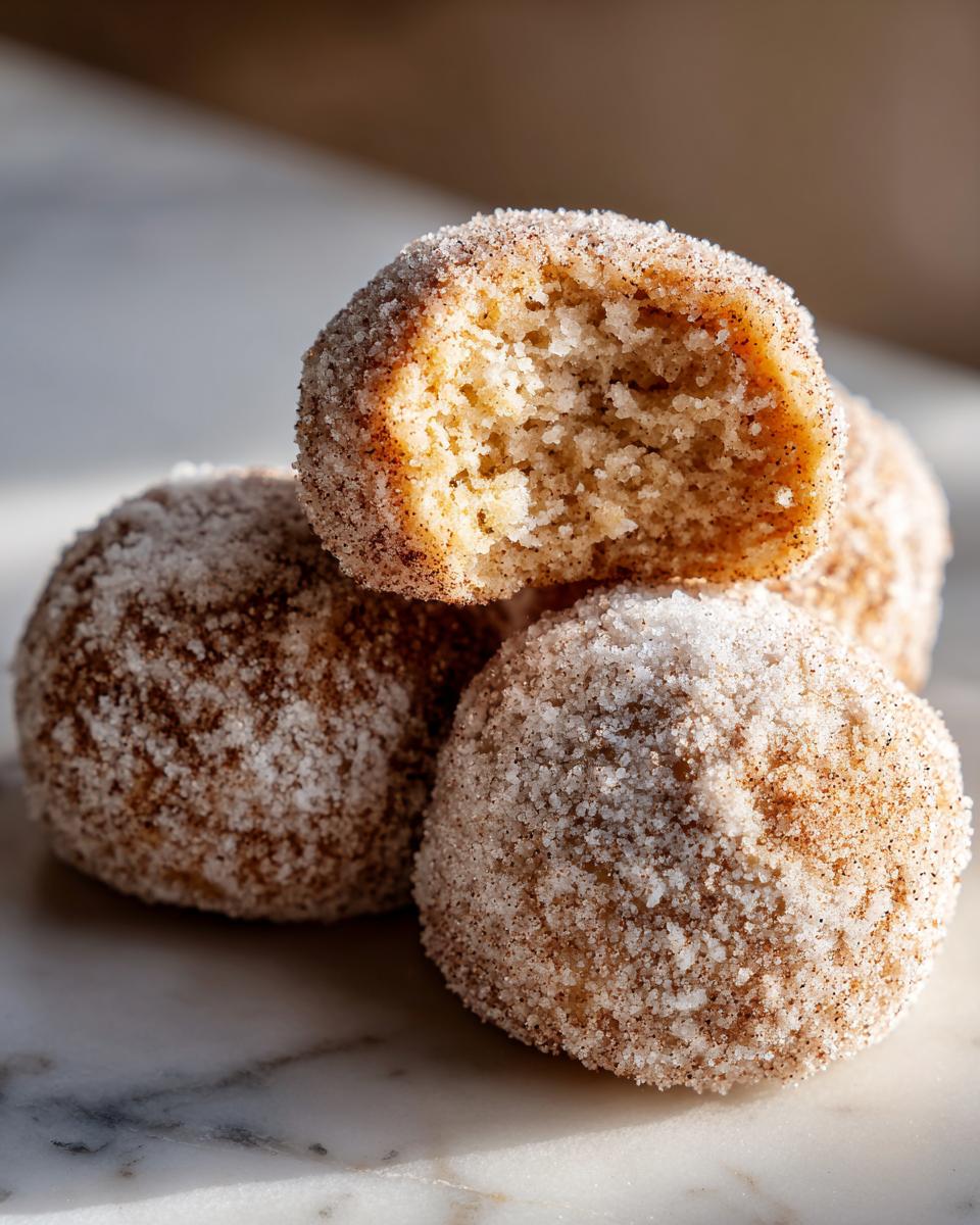 A stack of three delicious cinnamon sugar snowball cookies, one broken open to show the soft interior.