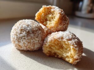 Three delicious cinnamon sugar snowball cookies, one broken open to show the soft interior.