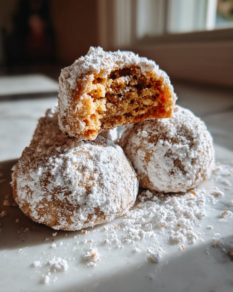 Close-up of three cinnamon sugar snowball cookies dusted heavily with powdered sugar, one cookie is broken open showing the texture.