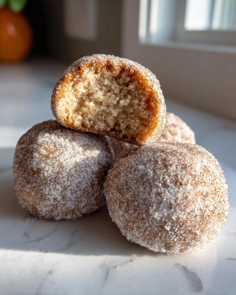 A stack of three cinnamon sugar snowball cookies, one broken open to show the soft, crumbly interior.