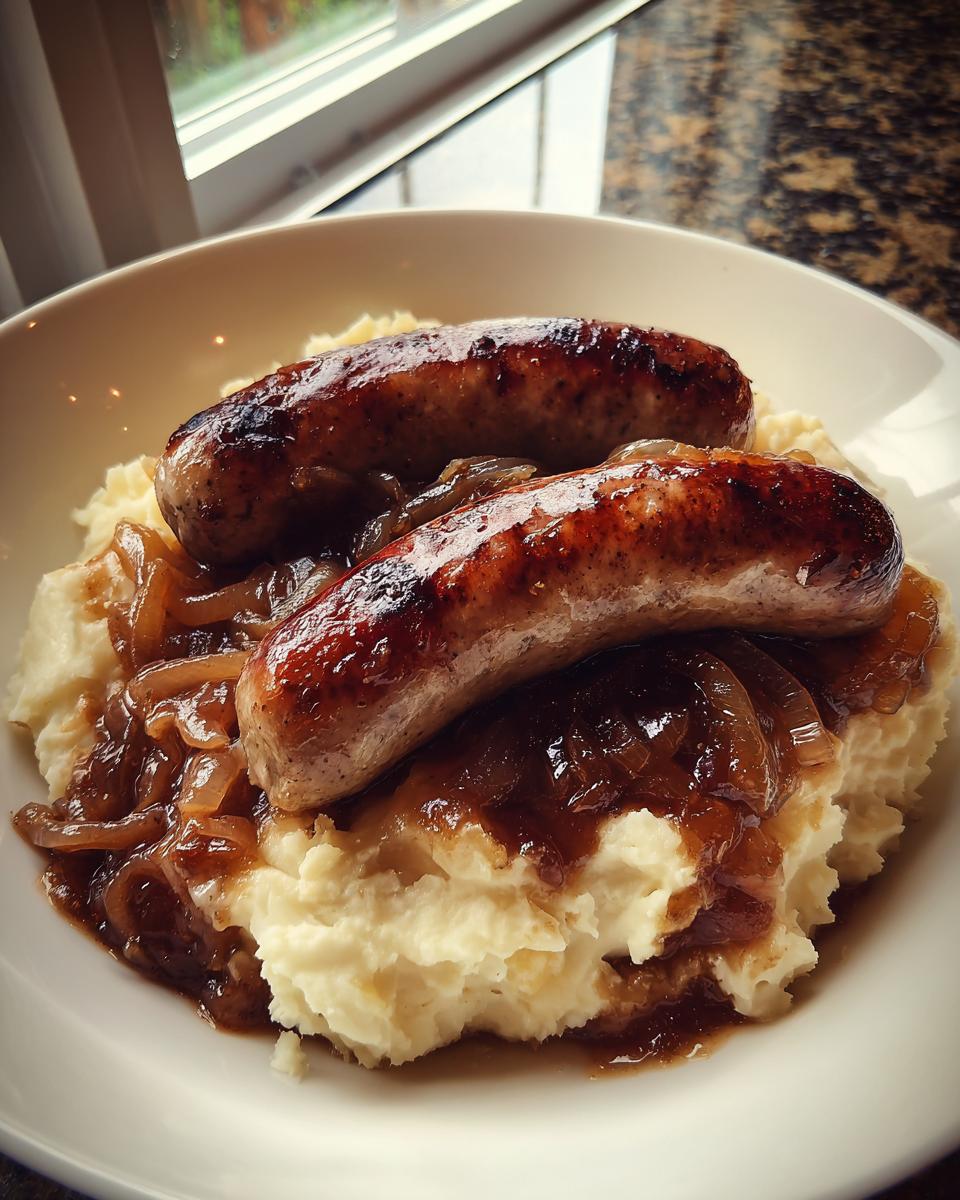 Two perfectly browned sausages served over creamy mashed potatoes and rich onion gravy, a classic bangers and mash dish.
