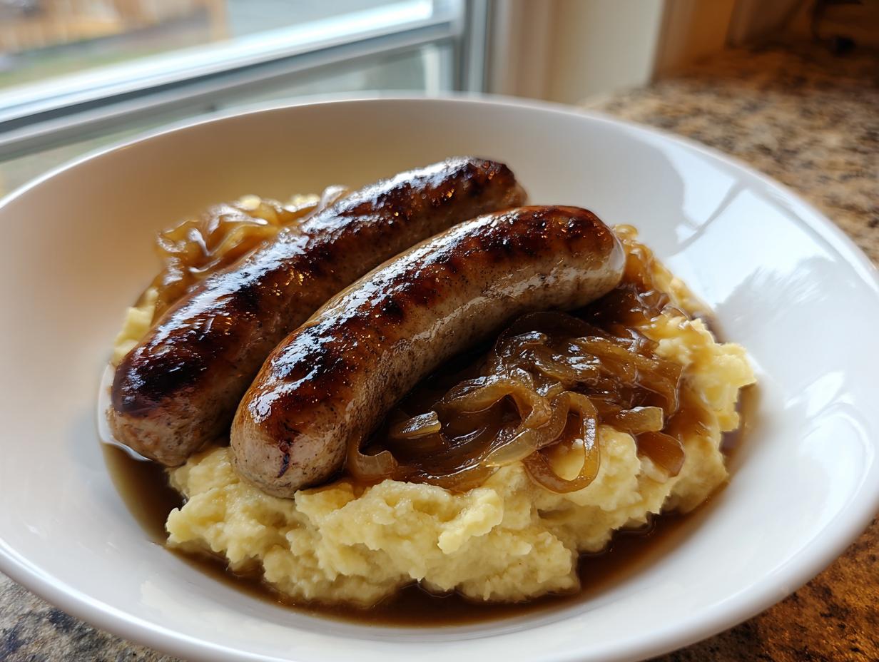 Two grilled sausages served over creamy mashed potatoes with rich gravy and caramelized onions for perfect bangers and mash.