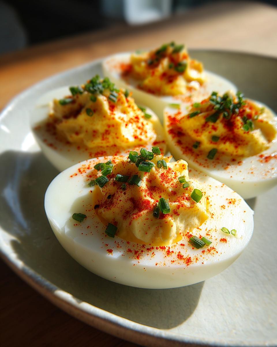 Four halves of classic deviled eggs topped with creamy yolk filling, paprika, and fresh chives on a light plate.