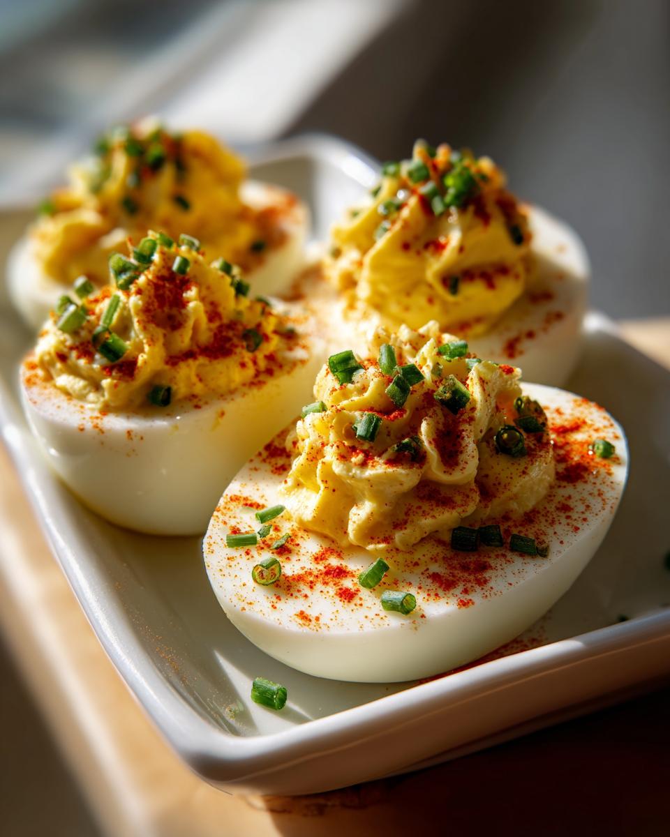 Four halves of classic deviled eggs with piped yellow filling, sprinkled with paprika and chives.