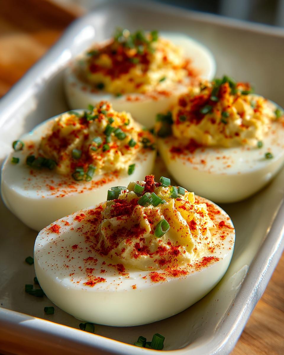 Close-up of four classic deviled eggs garnished with paprika and chives on a white serving dish.