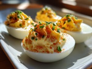 Four halves of classic deviled eggs, piped high with creamy filling, sprinkled with paprika and fresh chives.