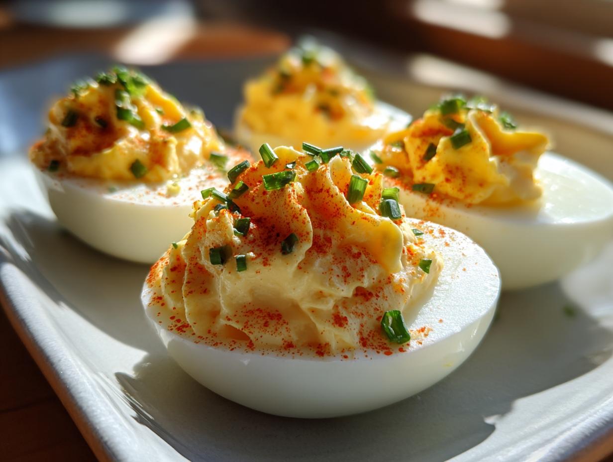 Four halves of classic deviled eggs, piped high with creamy filling, sprinkled with paprika and fresh chives.