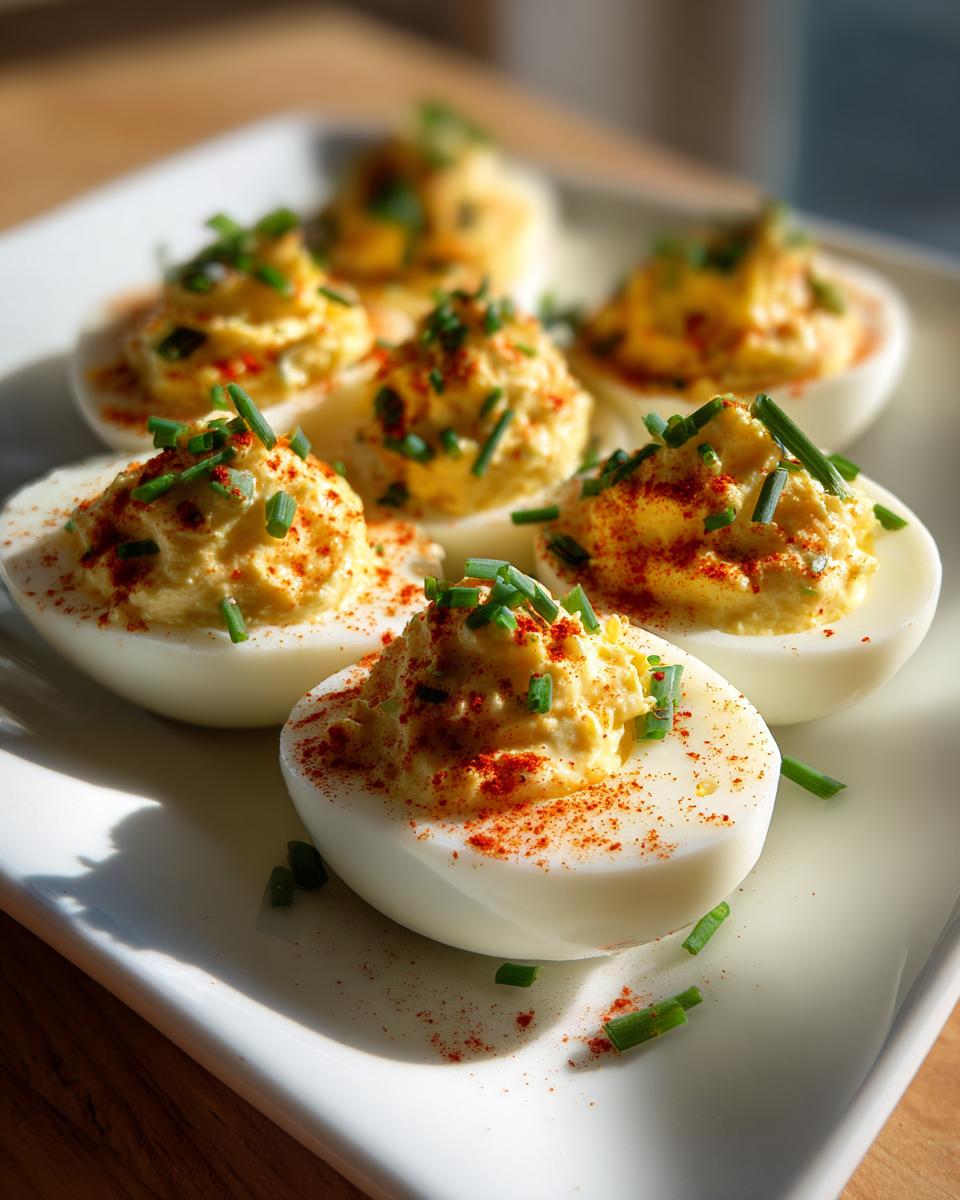 A close-up of several classic deviled eggs garnished with paprika and chives on a white platter.