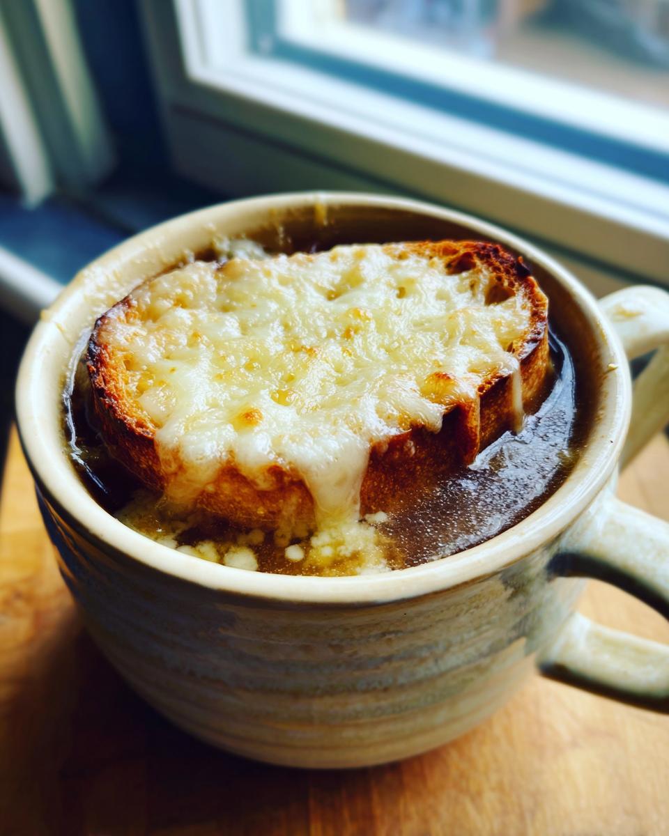 A close-up of a hearty bowl of french onion soup topped with a crouton and bubbling melted Gruyère cheese.