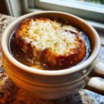 A close-up of a steaming bowl of french onion soup topped with a thick, cheesy, broiled crouton.