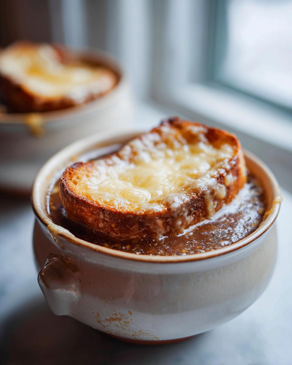 Close-up of a bowl of rich french onion soup topped with a thick, cheesy, broiled crouton.