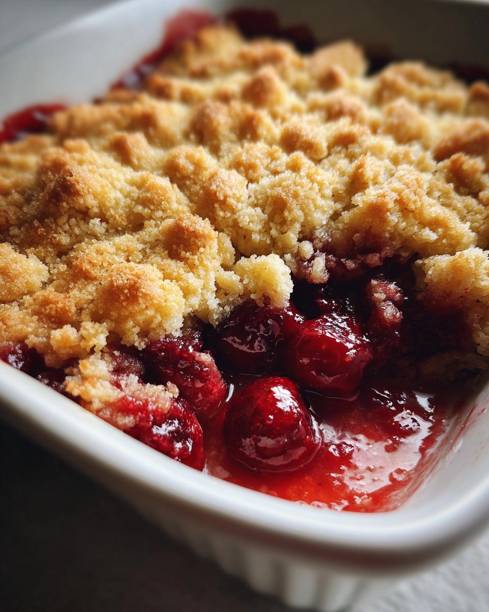 Close-up of a bubbling, bright red cherry filling beneath a golden, crumbly topping of a 3 ingredient cherry dump cake.