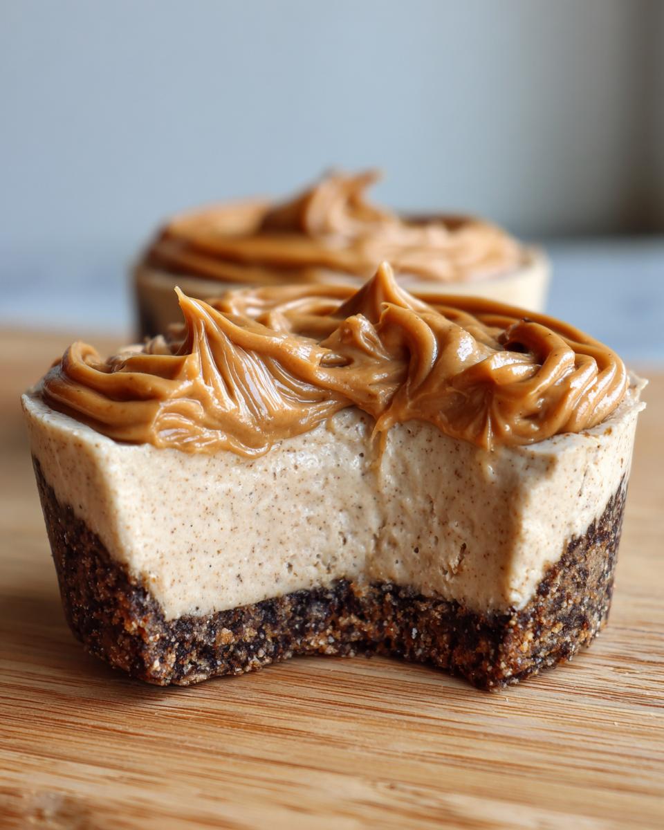 Close-up of a cookie butter cheesecake cup with a bite taken out, showing the crust and creamy filling topped with piped cookie butter.