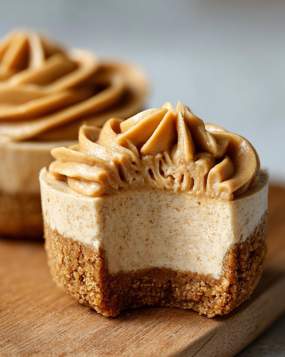 Close-up of a cookie butter cheesecake cup with a bite taken out, showing the creamy filling and graham cracker crust.