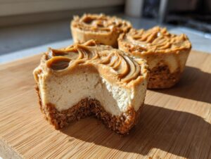Close-up of a cookie butter cheesecake cup with a bite taken out, showing the creamy filling and graham cracker crust.