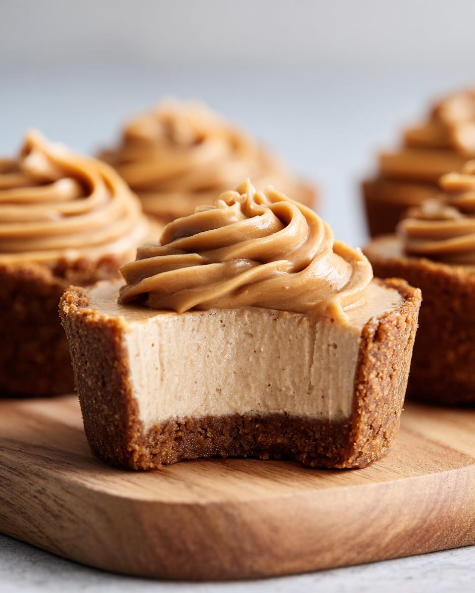 Close-up of a cookie butter cheesecake cup with a bite taken out, showing the creamy filling and graham cracker crust.