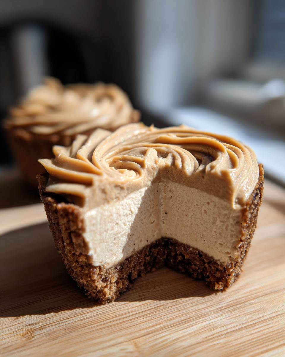 Close-up of a cookie butter cheesecake cup cut in half showing the crust, creamy filling, and piped topping.