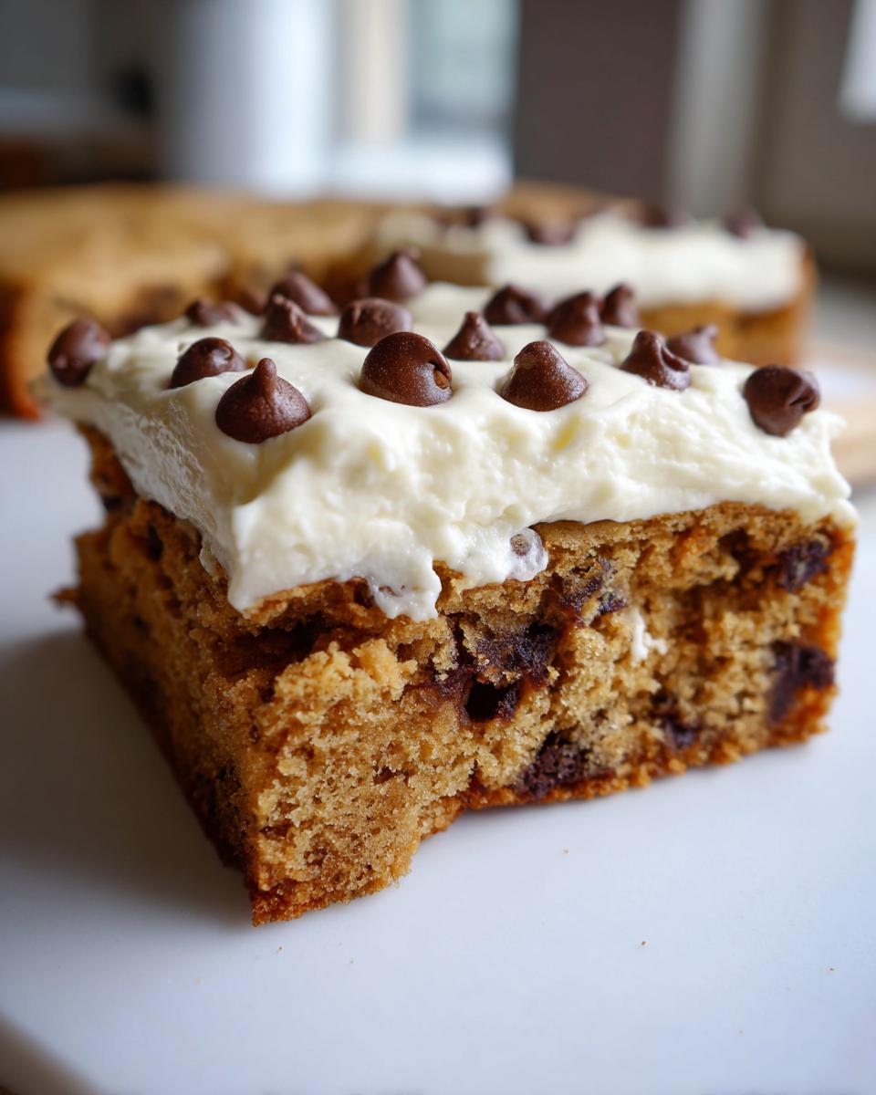 Close-up of a thick slice of chocolate chip cookie cake recipe topped with white frosting and mini chocolate chips.