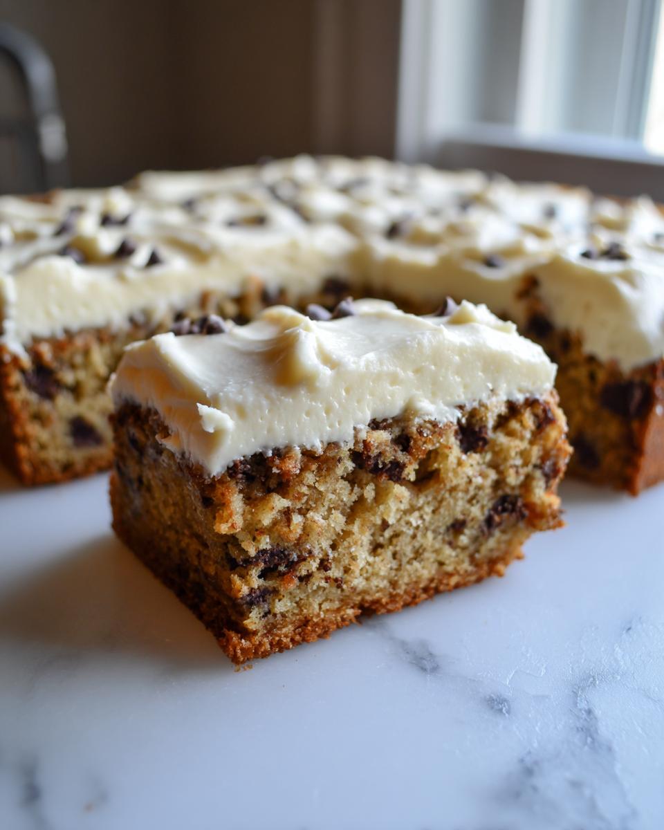 A thick slice of chocolate chip cookie cake recipe topped with creamy white frosting and mini chocolate chips.