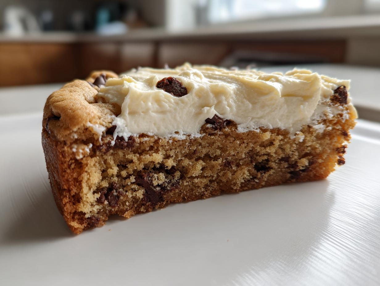Close-up of a thick slice of chocolate chip cookie cake recipe topped with creamy white frosting.