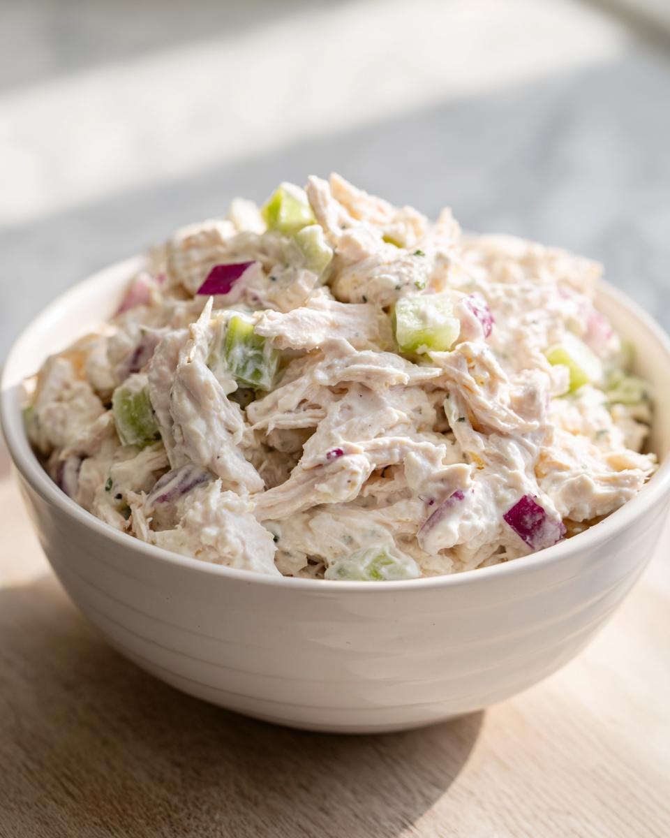 Close-up of a white bowl filled with creamy cottage cheese chicken salad mixed with diced celery and red onion.
