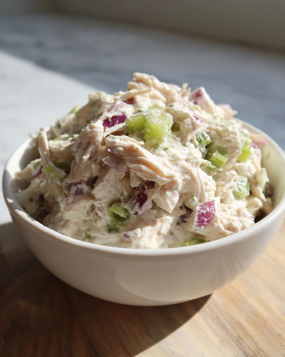 Close-up of a white bowl filled with creamy cottage cheese chicken salad mixed with diced red onion and celery.