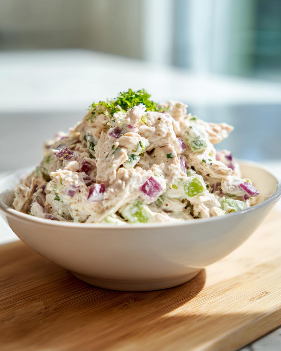 A white bowl filled high with creamy cottage cheese chicken salad mixed with visible chunks of red onion and celery, garnished with parsley.