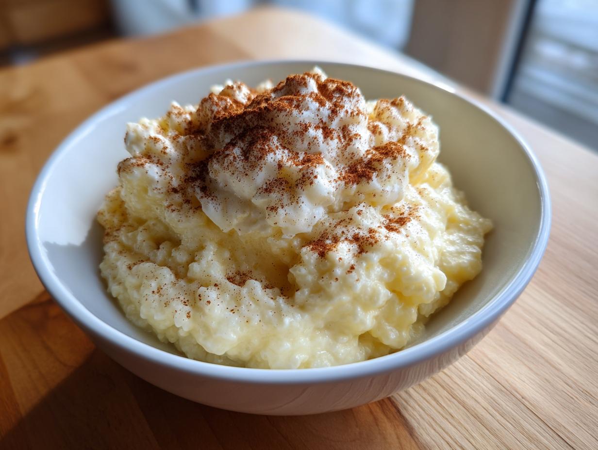 Close-up of a bowl of creamy rice pudding topped with whipped cream and a dusting of cinnamon.