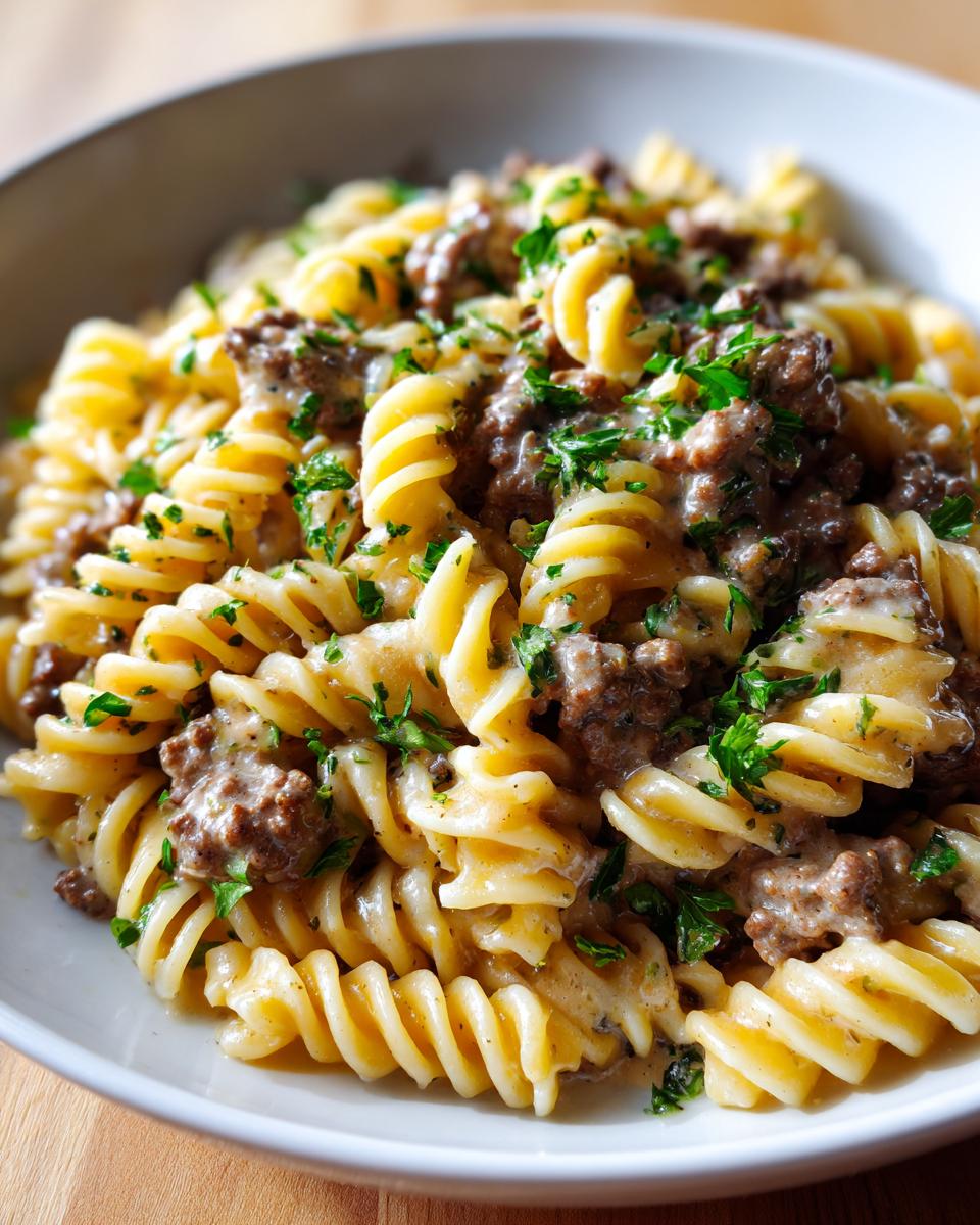 Close-up of a bowl filled with creamy beef pasta made with fusilli noodles and topped with fresh parsley.