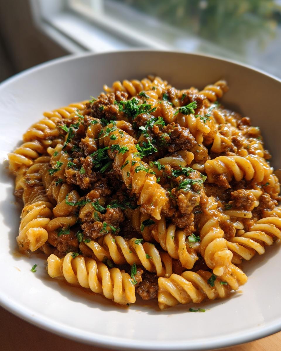 A close-up of creamy beef pasta made with fusilli noodles, topped with ground beef sauce and fresh parsley.