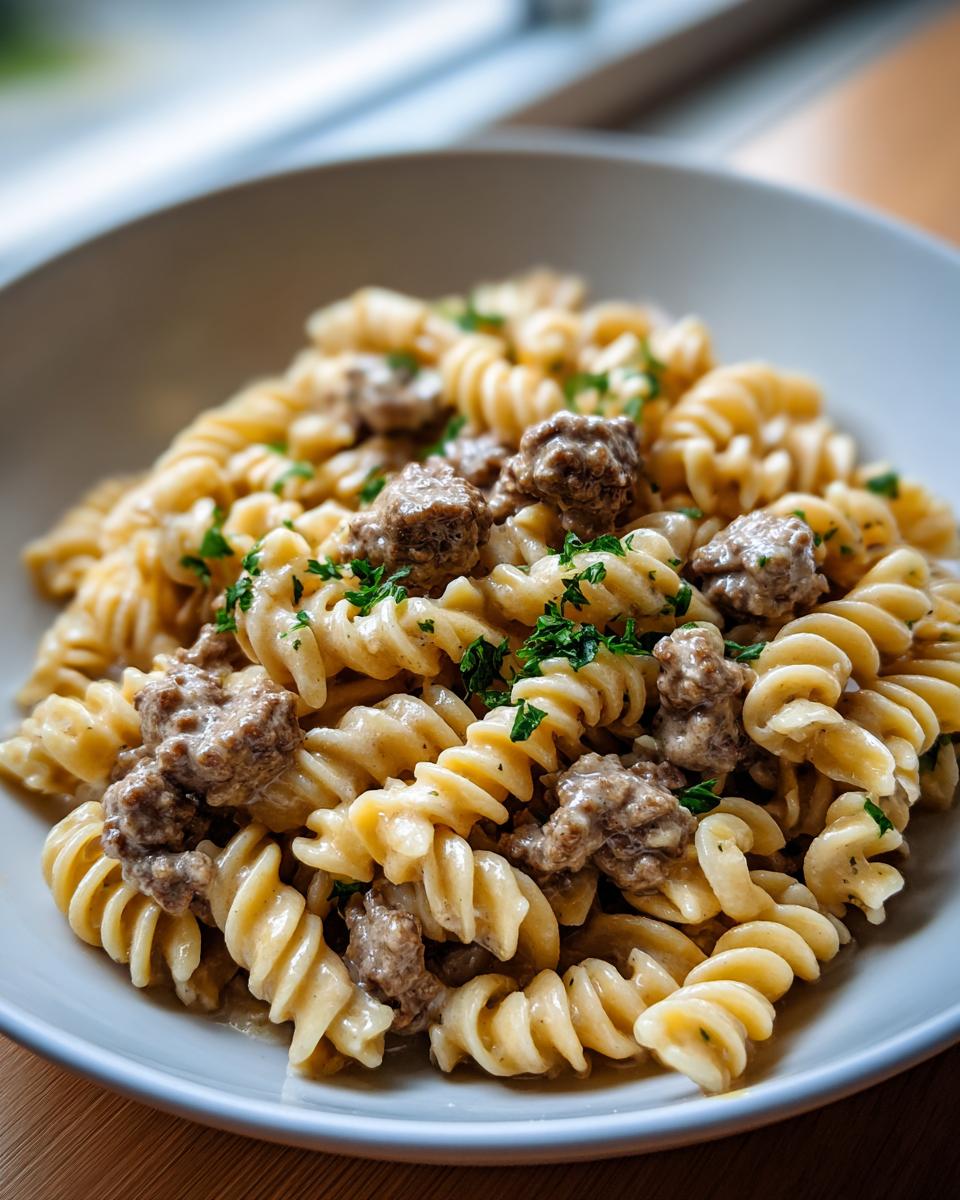 Close-up of creamy beef pasta made with fusilli noodles, ground beef, and a rich sauce, garnished with parsley.