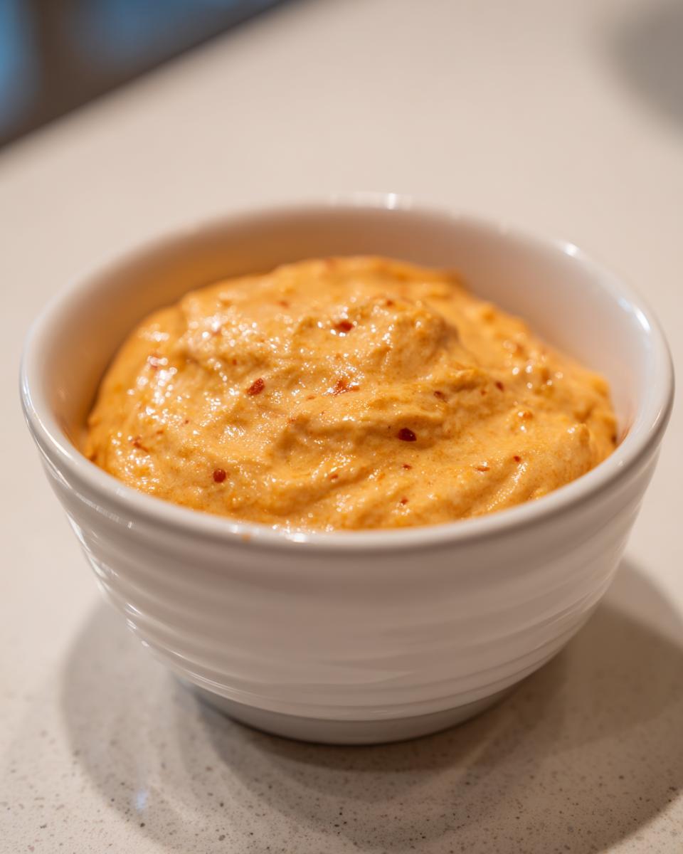 Close-up of a small white bowl filled with thick, orange beer cheese dip speckled with red pepper flakes.