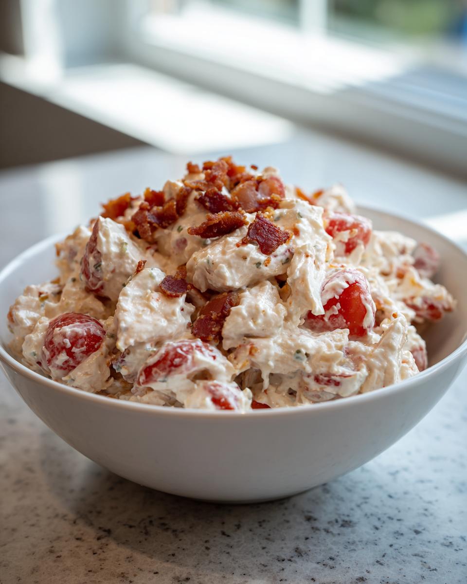 A white bowl filled with creamy blt chicken salad mixed with cherry tomatoes and topped generously with crispy bacon pieces.