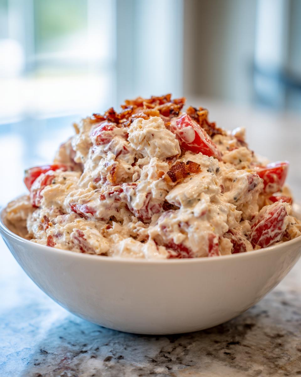 A generous serving of creamy blt chicken salad mixed with chunks of tomato and topped with crispy bacon bits.