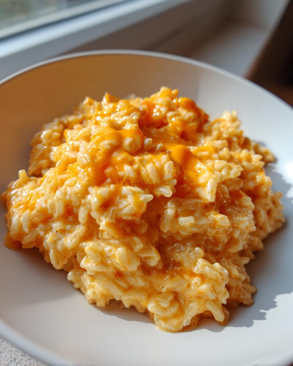 A close-up of a white bowl filled with creamy, melted orange cheddar cheesy rice, brightly lit by sunlight.