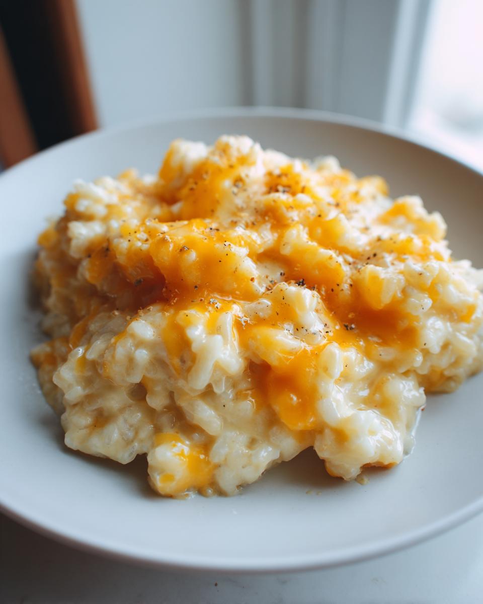 A close-up of creamy cheesy rice topped with melted orange cheddar cheese and cracked black pepper.