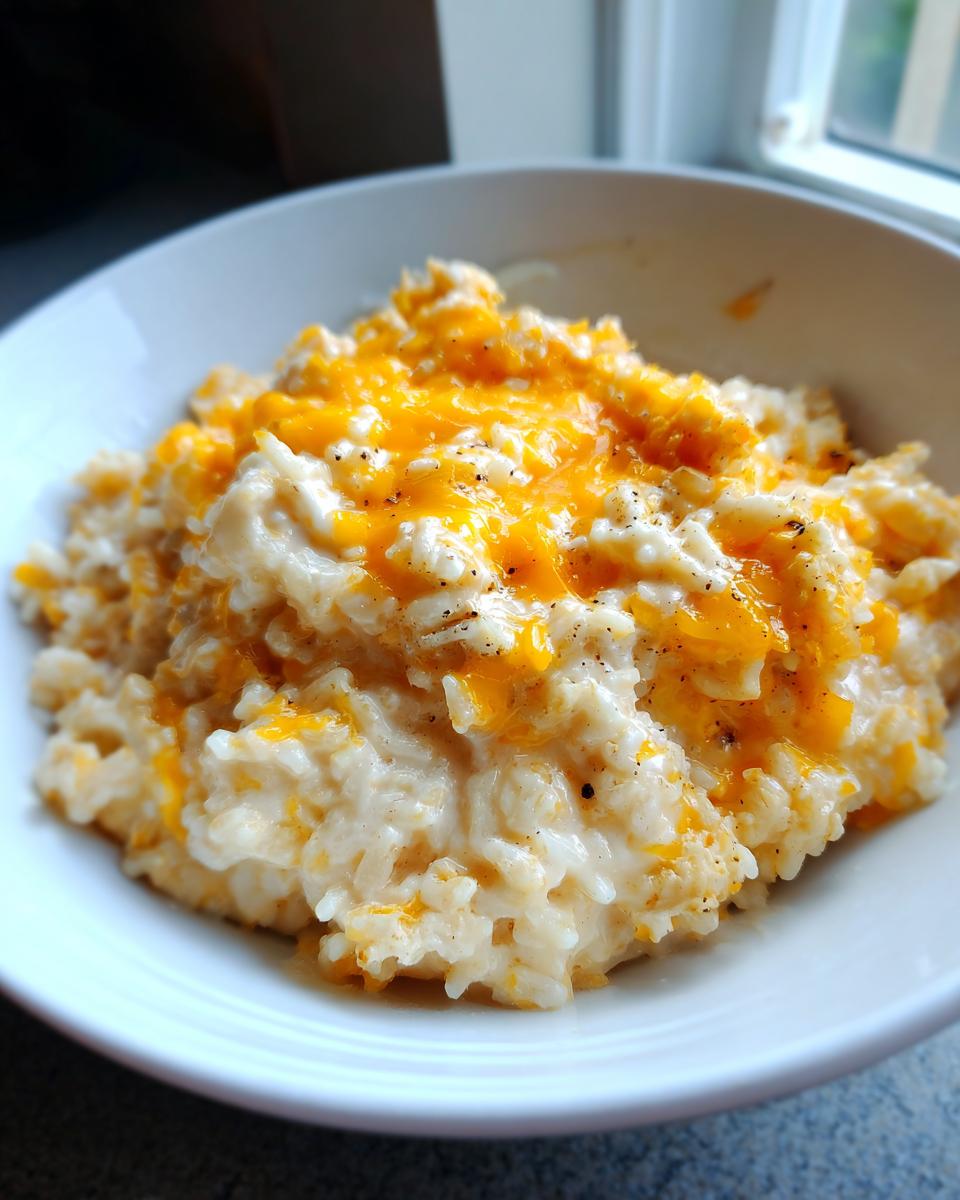 Close-up of creamy cheesy rice topped with melted cheddar cheese and black pepper in a white bowl.