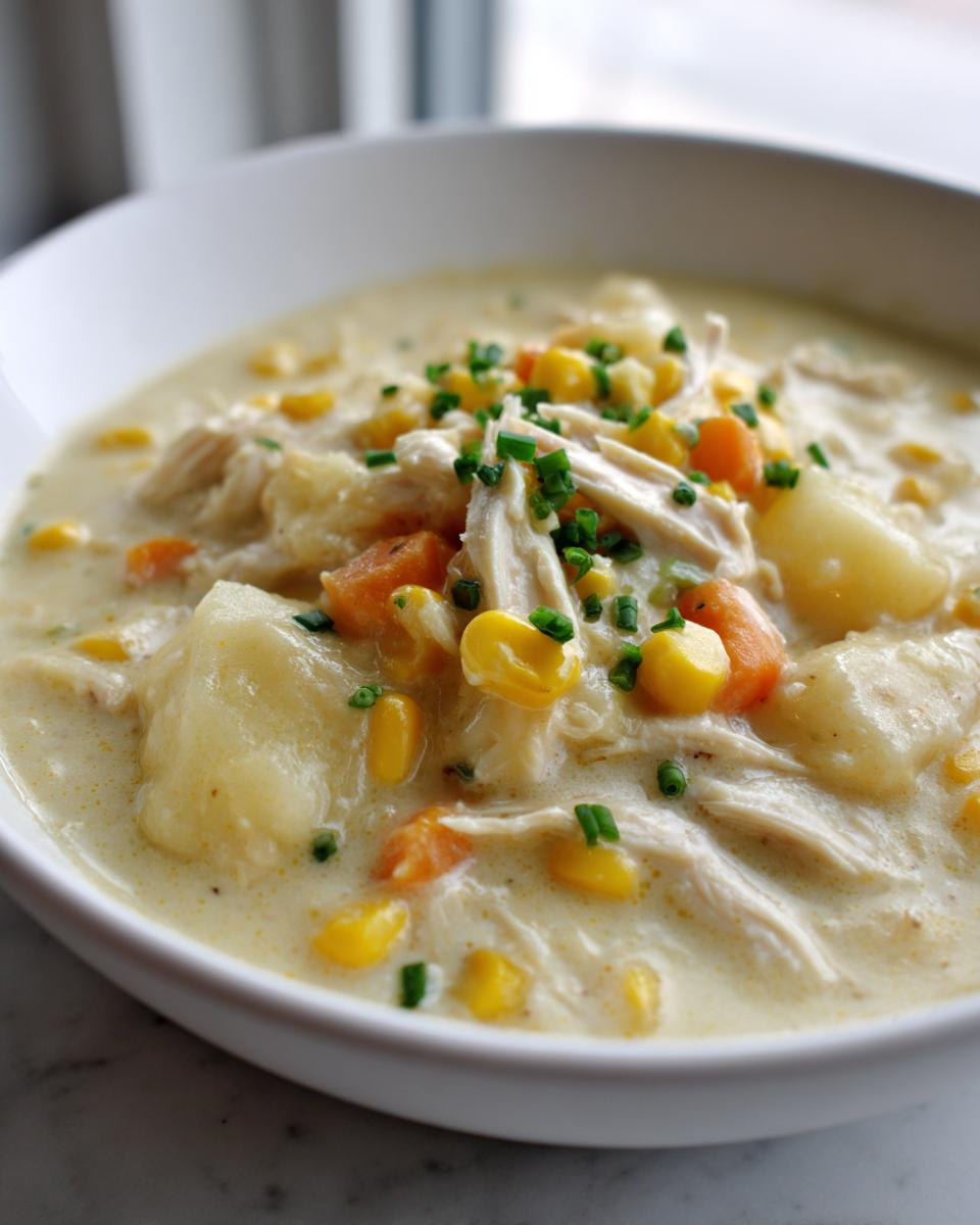 Close-up of a creamy chicken corn chowder with shredded chicken, potatoes, corn, carrots, and chives.