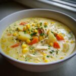 Close-up of a creamy bowl of chicken corn chowder, featuring shredded chicken, potatoes, carrots, and corn, topped with fresh chives.