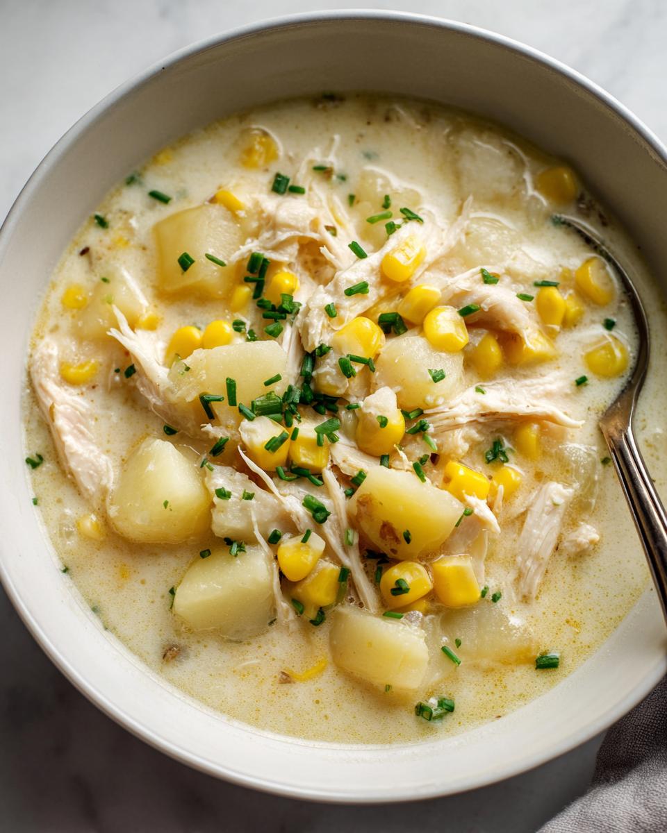 Close-up of creamy chicken corn chowder with chunks of potato, shredded chicken, and corn, topped with fresh chives.