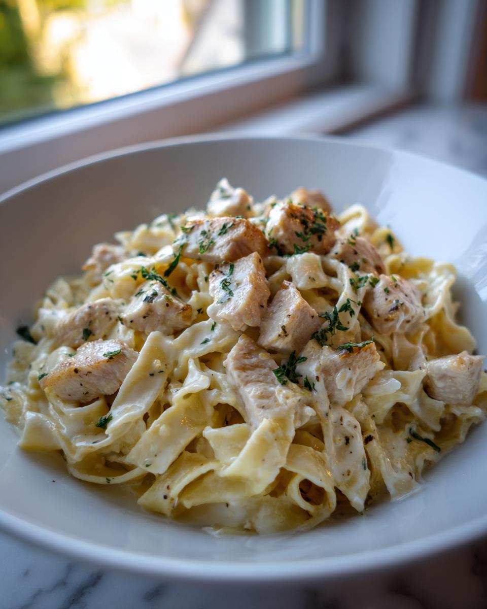A close-up serving of creamy chicken fettuccine alfredo pasta topped with diced chicken and fresh parsley.